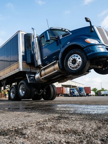 Low-angle heroic shot of a clean commercial semi-trailer, heavy-duty wheels visible, under bright morning daylight, logistics yard in background.
