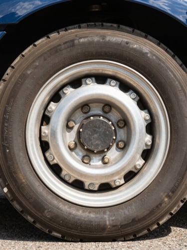 Low-angle heroic shot of a clean commercial semi-trailer wheel, polished aluminum rim, heavy-duty lug nuts, bright morning daylight, sharp focus