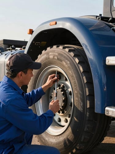 Close-up of a professional technician inspecting a heavy-duty semi-trailer wheel with precision tools, bright morning daylight.