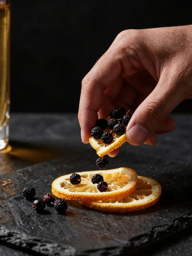Hands of a master distiller carefully measuring dried juniper berries and citrus peels on a dark wet stone surface, dramatic side lighting, luxury moody beverage style