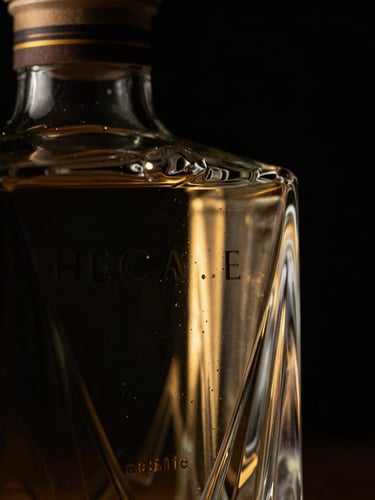 Macro close-up of the Hecate Gin bottle, dramatic chiaroscuro lighting, single golden light beam highlighting the sharp glass cuts, deep black background, luxury editorial feel