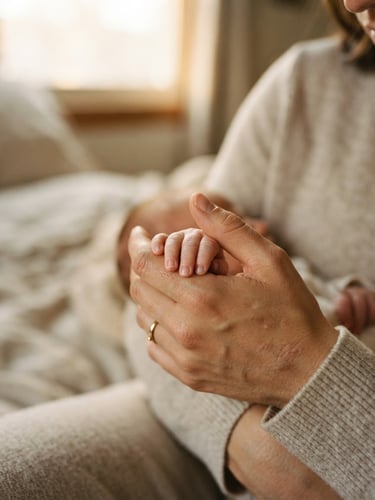 Soft close-up of a mother gently holding a baby's hand, warm morning window light, shallow depth of field, muted earth tones