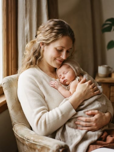 Warm editorial photography of a mother gently holding her baby in soft morning window light, shallow depth of field, 35mm