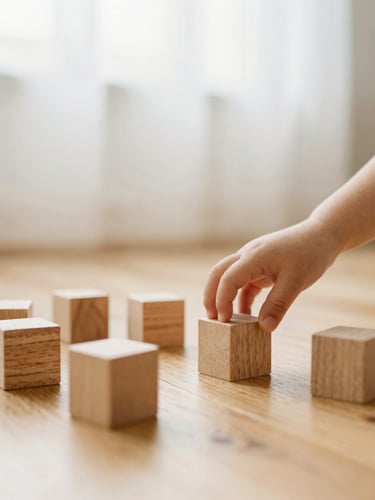 A young child playing with natural wooden blocks on a warm wooden floor, soft morning light, shallow depth of field, candid 35mm