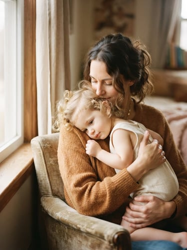 A mother holding her toddler close in soft morning window light, warm earth tones, shallow depth of field, candid 35mm photography