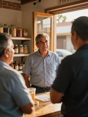 Medium shot of a mayoral candidate listening to a local merchant inside a brick bakery in Fernández, warm golden-hour light streaming through a window, authentic community interaction, 35mm lens