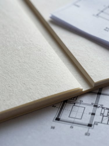 Extreme close-up of tactile design materials, including premium textured paper stocks and structural blueprints, under cool diffused Pacific Northwest daylight.
