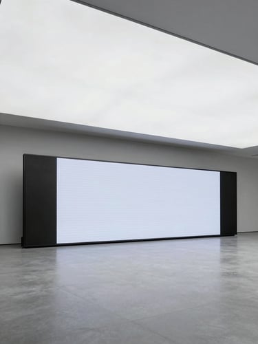 Minimalist architectural space with a modern digital screen installation, clean geometric alignment, cool diffused overcast light.