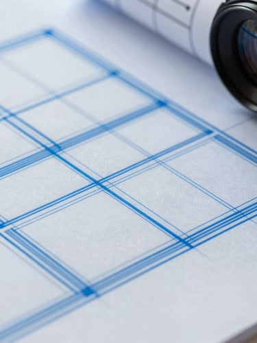 Close-up of tactile architectural blueprint overlaid with sharp sky blue graphic lines, clean studio daylight