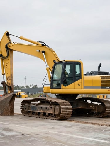 Industrial editorial photography of a massive yellow crawler excavator parked on a clean concrete auction lot, overcast daylight, desaturated steel tones, sharp focus, 35mm