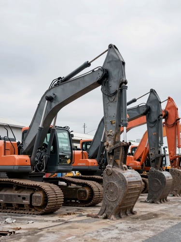 Wide environmental shot of heavy industrial excavators lined up in a Tokyo auction yard, overcast daylight, desaturated steel and safety orange tones, sharp focus, 35mm