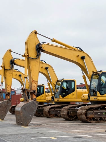 Wide environmental shot of heavy yellow excavators lined up on a Tokyo shipping dock under overcast daylight, sharp focus, industrial editorial style.