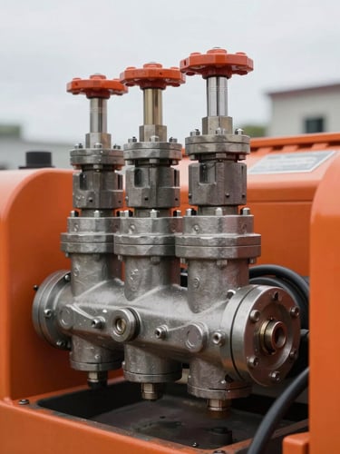 Tight technical close-up of heavy machinery mechanical components, hydraulic valves under overcast natural light, steel and safety orange tones, sharp focus, 35mm