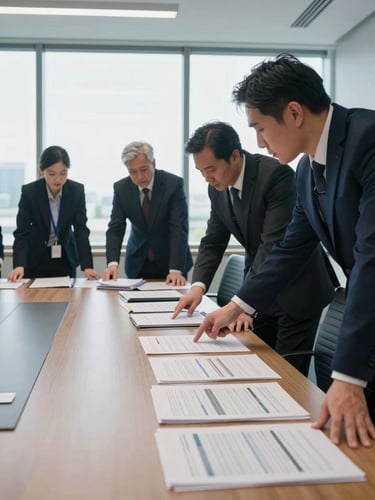 Wide environmental shot of a corporate conference room in use — several professionals in dark suits leaning over a long table covered with financial documents and printed contracts, cool north-facing daylight from floor-to-ceiling windows, one person pointing at a printed spreadsheet, papers and binders visible, institutional and serious