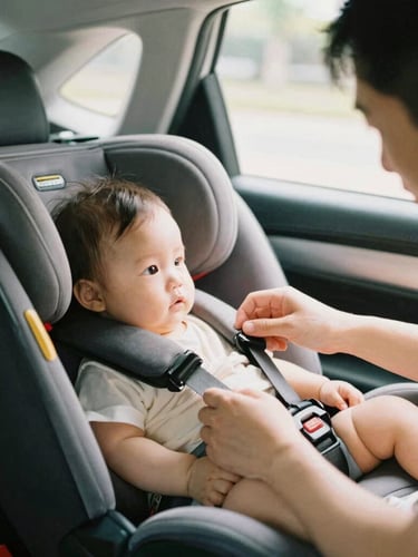 A father lovingly checking the harness of his baby in a car seat, soft warm window light, intimate domestic scene, 35mm film look