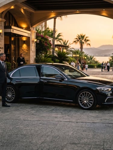 Lüks bir Kıbrıs otelinin girişinde bekleyen parlak siyah Mercedes-Benz S-Serisi, gün batımı ışığında, profesyonel şoför kapıyı açmaya hazır, yan görünüş, geniş açılı, yüksek kontrastlı.