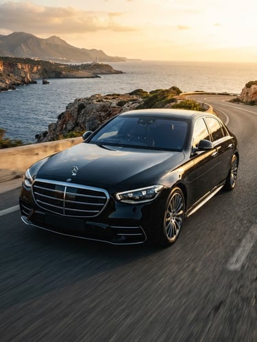 Low-angle heroic shot of a gleaming black Mercedes-Benz S-Class sedan on a scenic Northern Cyprus coastal highway at golden hour, polished car paint reflecting the sun, sleek and luxurious.