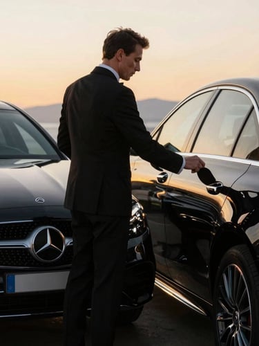 Profesyonel bir şoför, takım elbisesiyle, Mercedes-Benz aracın arka kapısını açıyor, gün batımı ışığında, Kuzey Kıbrıs'ın lüks otel girişinde.