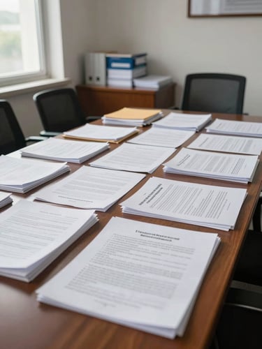 Wide environmental shot of a municipal procurement office during working hours, bid materials spread across a meeting table, natural daylight entering from windows on the left, documents and folders visible in the background, no people in frame — just the physical evidence of an active tender