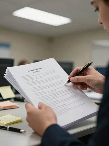 Close-up of a procurement officer's hands turning through pages of a printed tender document on a government desk, fluorescent ceiling light, sticky notes and a ballpoint pen visible, documentary framing, no face shown