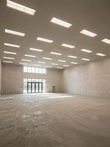 Wide environmental shot of a large commercial space fully clad in drywall, ceiling grid complete, LED panels installed and illuminated, single architectural viewpoint from the entrance, controlled daylight from clerestory windows, no staging