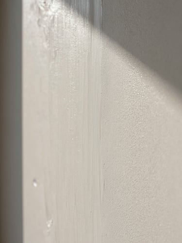 Extreme close-up of applied gypsum finish on a wall, surface texture captured under raking north-facing daylight, smooth trowel marks visible, no people, no objects, architectural detail study