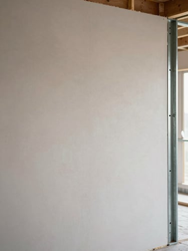 Close architectural view of freshly installed drywall panels mid-construction, plumb metal studs visible at right edge, uniform flat surface filling the frame, soft north-facing daylight, no workers, no staging