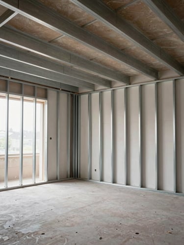 Empty interior room mid-installation showing drywall steel framing profiles aligned with geometric precision on ceiling and wall, natural north-facing light entering from a window at left, no workers, no clutter — pure structural geometry before the gypsum skin is applied