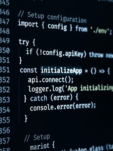 Extreme macro shot of a clean code editor screen with monospaced font, glowing subtle white pixels on deep obsidian background, high contrast