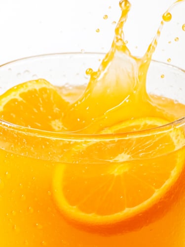 Extreme close-up of condensation-beaded glassware filled with vibrant orange liquid, dynamic splash, fresh citrus slices floating, high-key studio lighting with bright highlights and sharp shadows, crisp focus, macro depth of field