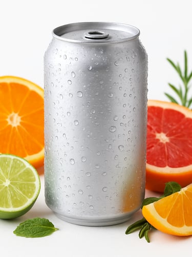 A sleek modern beverage can with condensation beads, surrounded by fresh sliced citrus and botanicals on a crisp white surface, bright studio light, sharp focus