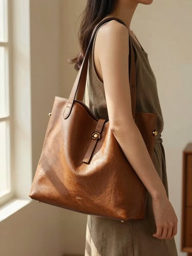 Close medium shot from the side, a woman's hand and forearm carrying a structured leather bag over her shoulder against a warm ivory interior wall, soft natural window light raking across the bag's texture, warm bronze tones, calm and purposeful