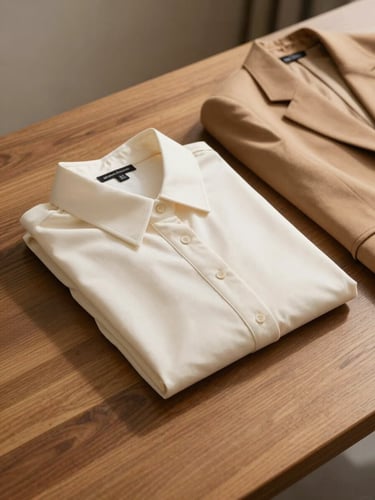 Medium lifestyle shot of a neatly folded ivory blouse and a tailored camel blazer resting on a warm-toned wooden surface, natural side light, minimal background with soft shadow