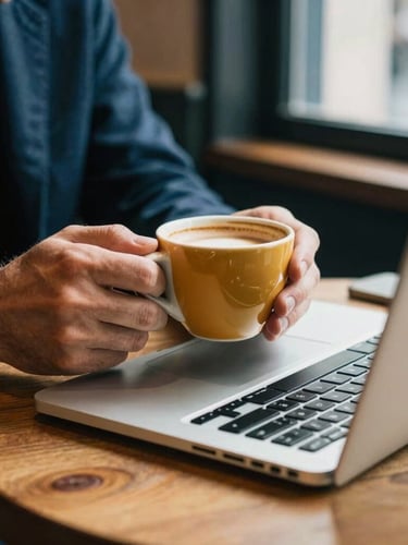 Close-up of hands holding a warm ceramic coffee cup next to an open laptop on a wooden table in a Milanese cafe, soft morning light, warm editorial look.