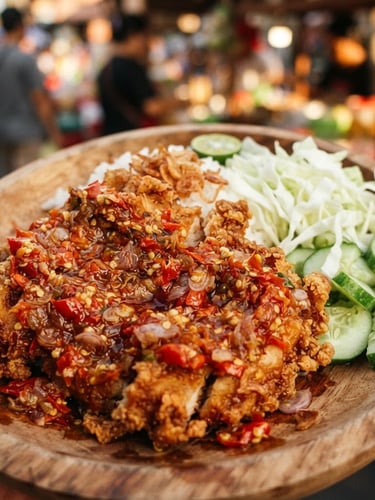 Close-up of crispy smashed chicken topped with vibrant red chili sambal, fresh cabbage and cucumber garnishes on a traditional wooden plate, warm direct daylight, 35mm