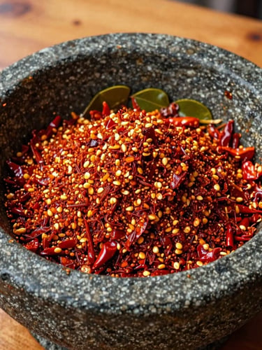 Close-up of a stone mortar (cobek) filled with freshly ground, vibrant red sambal with visible chili seeds and kaffir lime leaves, rustic wooden table background, warm daylight, 35mm