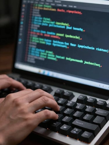 Extreme close-up of hands on a mechanical keyboard running a red team prompt injection test, terminal window filling the screen with raw model output, cool north-facing studio light, tight crop, no human face visible