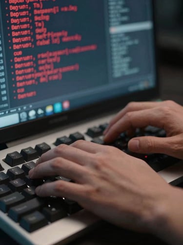 Extreme close-up of hands at a mechanical keyboard under cool clinical studio light, a terminal window visible on the monitor behind showing red team test output—error traces and model response logs, tight crop on the hands and screen edge, no faces, no warmth