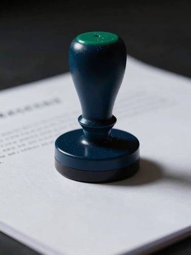 Portrait photo of a legal document being officially stamped, focused on the stamp and the heavy paper, dramatic high-contrast lighting, dark, serious atmosphere, 35mm