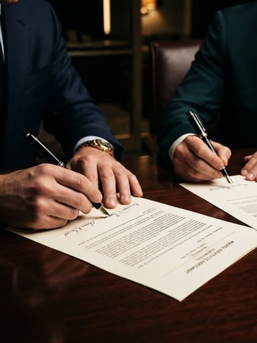 Close-up of two executive hands in tailored suits signing a high-value corporate contract on a dark polished wood table, with a sleek fountain pen. Dramatic, high-contrast executive lighting, deep navy and emerald tones, sharp architectural lines, 35mm. Focus on the signatures and official documents.