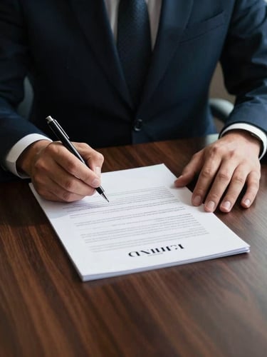 Close-up of hands signing a high-value contract on a polished dark wood boardroom table, dramatic high-contrast executive lighting, sharp architectural shadows, deep navy and emerald tones.