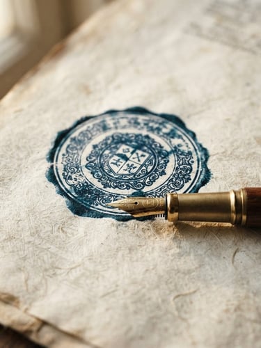 Macro shot of a legal document with an official ink stamp and a fountain pen on a textured paper background, soft natural window light