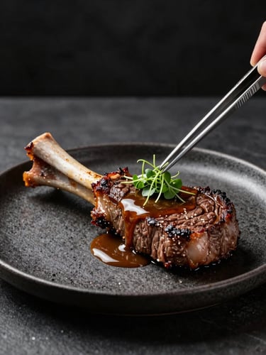 Side-angle close-up of a plated dry-aged beef filet on a charcoal ceramic plate — bone marrow jus poured in a controlled line, microherbs placed with tweezers, studio strobe lighting sharp and directional, dark background for contrast