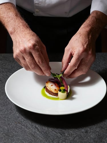 Close side-angle shot of a chef's hands precisely plating a composed entrée on a white porcelain dish, controlled studio strobe lighting, sharp shadows defining the plate architecture, dark slate surface beneath