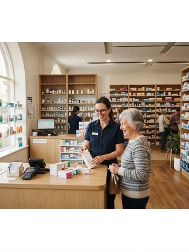 Wide panoramic view of a clean, well-lit pharmacy interior with organized shelves of medicines, a friendly pharmacist assisting a customer at the counter, soft natural light coming from a large window, warm professional tones, 35mm