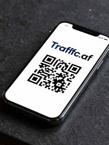A flat-on studio mockup of a smartphone displaying the official Traffic.af digital registration card with a prominent QR code, sharp high-contrast lighting.