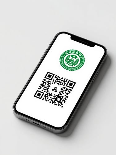 A clean flat-on mockup of a digital vehicle registration card on a mobile screen, displaying a secure QR code and official green government emblem under bright studio lighting.