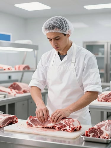 Medium shot of an expert butcher in a clean white apron and hairnet, working in a bright, modern, temperature-controlled facility, 50mm lens, bright high-key light.