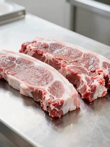 Freshly cut raw pork loin arranged neatly on a clean stainless steel surface in a bright, spotless processing room, crisp daylight, high-key commercial photography.