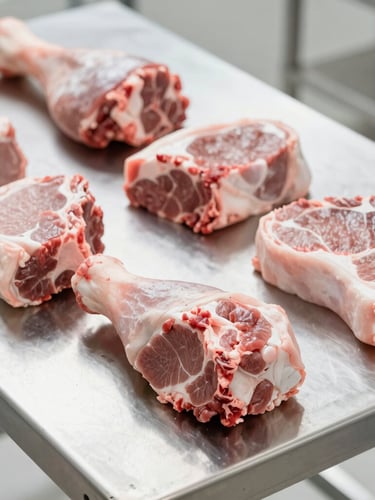 Close-up of fresh raw pork leg and beef cuts arranged neatly on a clean stainless steel table in a bright, spotless processing facility, high-key natural daylight, 50mm lens.